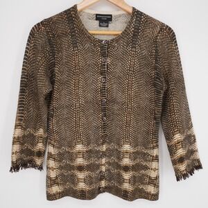 Sutton Studio Y2K 100% Cashmere Cardigan Womens M Brown Snake Print Fringe Cuff